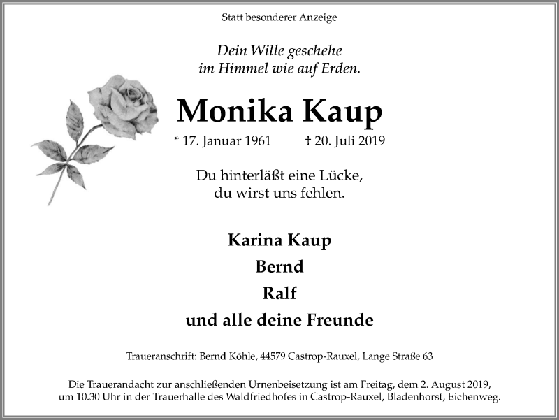  Traueranzeige für Monika Kaup vom 27.07.2019 aus Stadtanz.Castrop-Rauxel
