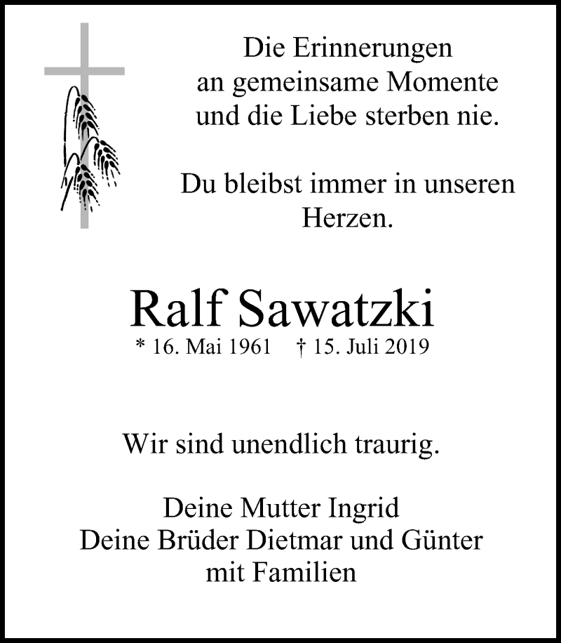  Traueranzeige für Ralf Sawatzki vom 31.07.2019 aus Stadtanz.Castrop-Rauxel