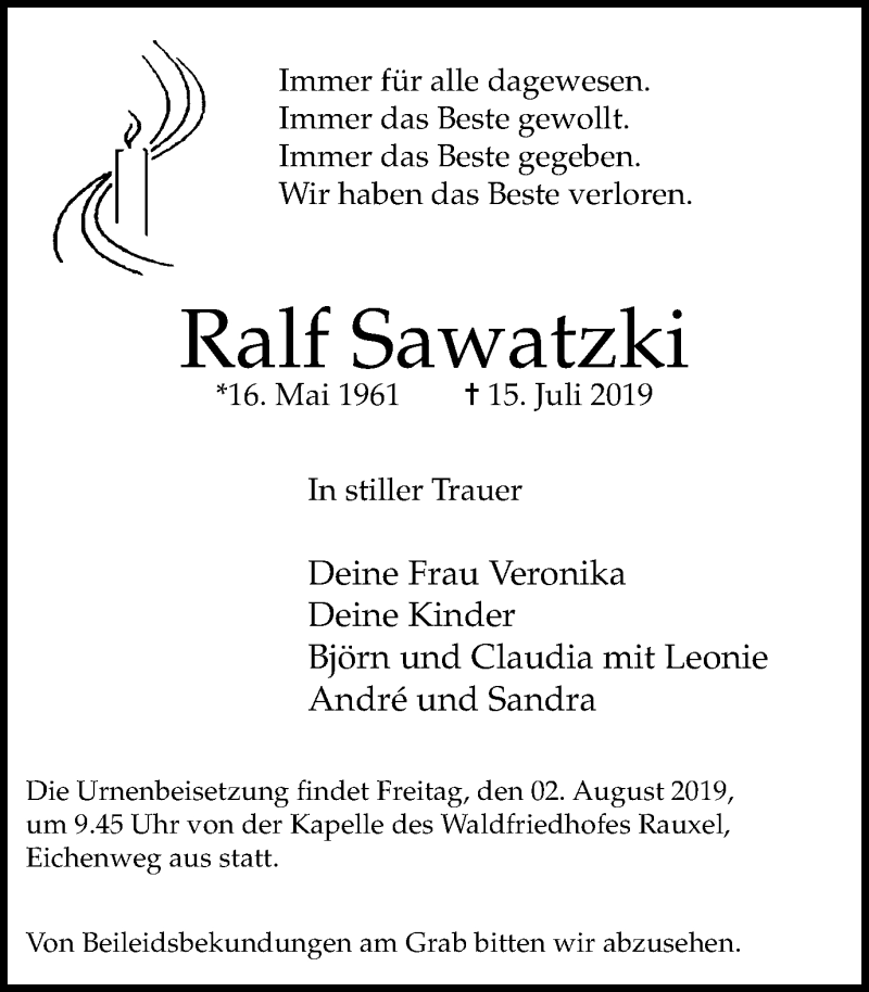  Traueranzeige für Ralf Sawatzki vom 27.07.2019 aus Stadtanz.Castrop-Rauxel