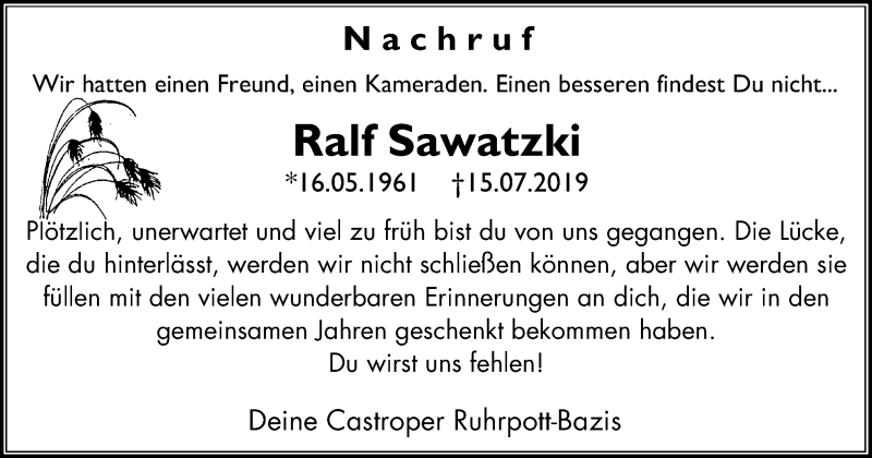  Traueranzeige für Ralf Sawatzki vom 20.07.2019 aus Stadtanz.Castrop-Rauxel