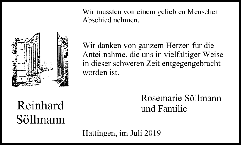 Traueranzeige für Reinhard Söllmann vom 20.07.2019 aus Stadtspiegel Hattingen/Niedersprockhövel
