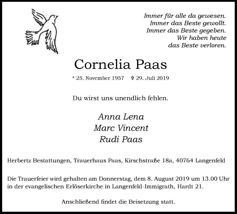  Traueranzeige für Cornelia Paas vom 03.08.2019 aus Wochen-Anzeiger Langenfeld/Monheim/Hilden