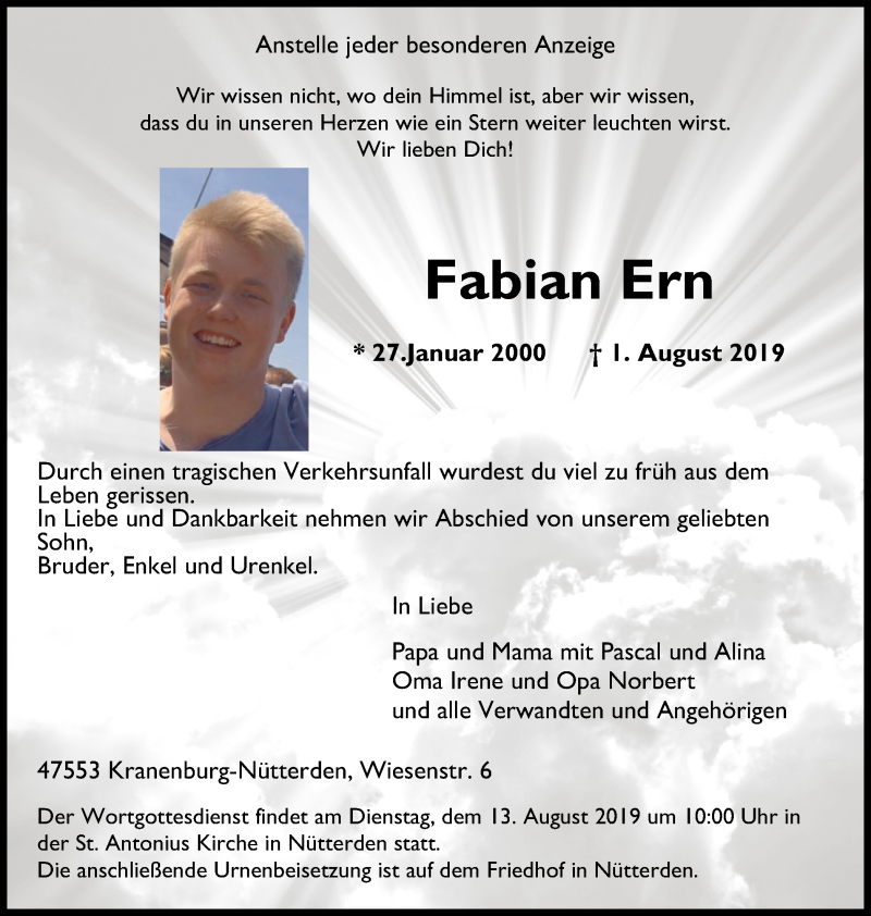  Traueranzeige für Fabian Ern vom 07.08.2019 aus Klever Wochenblatt