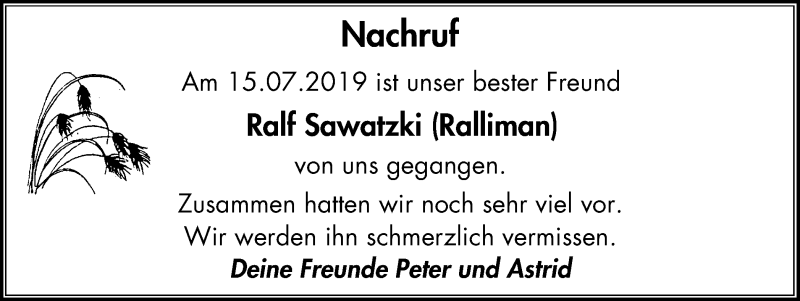  Traueranzeige für Ralf Sawatzki vom 03.08.2019 aus Stadtanz.Castrop-Rauxel