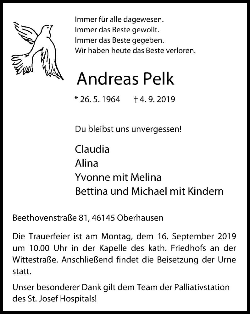  Traueranzeige für Andreas Pelk vom 11.09.2019 aus Wochen-Anzeiger Oberhausen