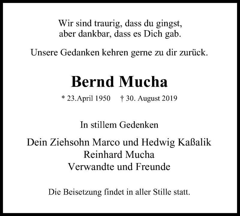  Traueranzeige für Bernd Mucha vom 28.09.2019 aus Stadtspiegel Bottrop