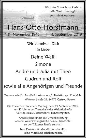 Traueranzeige von Hans-Otto Horstmann von WVW/ORA