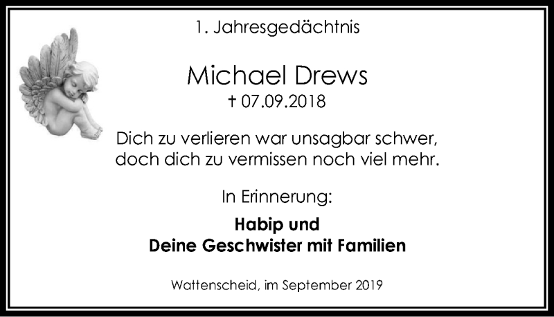  Traueranzeige für Michael Drews vom 07.09.2019 aus Stadtspiegel Wattenscheid