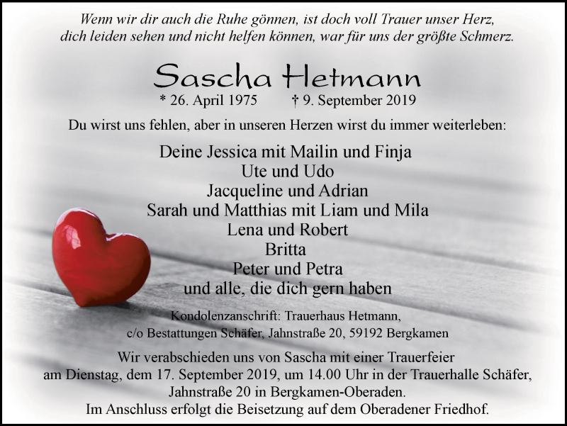  Traueranzeige für Sascha Hetmann vom 14.09.2019 aus Lüner Anzeiger