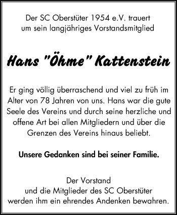 Traueranzeige von Hans Kattenstein von Stadtspiegel Hattingen/Niedersprockhövel