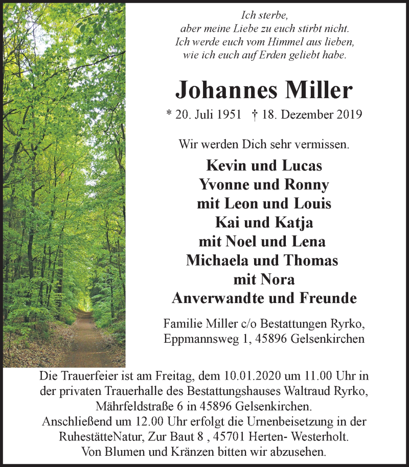  Traueranzeige für Johannes Miller vom 04.01.2020 aus Stadtspiegel Gelsenkirchen