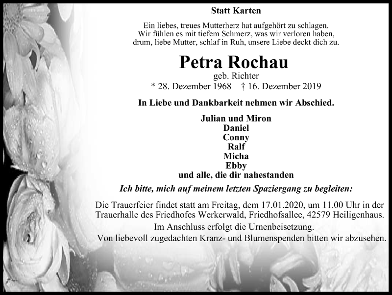  Traueranzeige für Petra Rochau vom 11.01.2020 aus Stadtanzeiger Velbert + Heiligenhaus