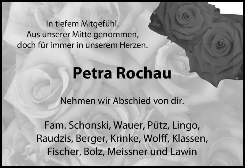  Traueranzeige für Petra Rochau vom 11.01.2020 aus Stadtanzeiger Velbert + Heiligenhaus