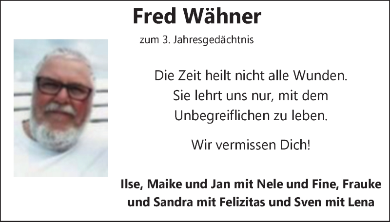  Traueranzeige für Fred Wähner vom 28.10.2020 aus WVW Anzeigenblätter