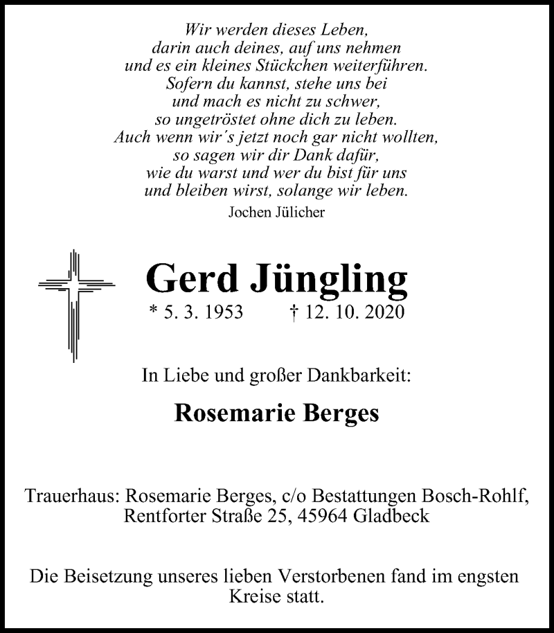  Traueranzeige für Gerd Jüngling vom 17.10.2020 aus WVW Anzeigenblätter