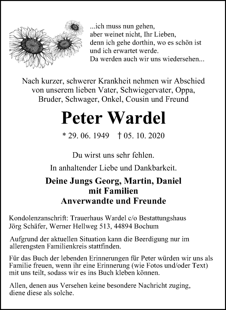  Traueranzeige für Peter Wardel vom 17.10.2020 aus WVW Anzeigenblätter