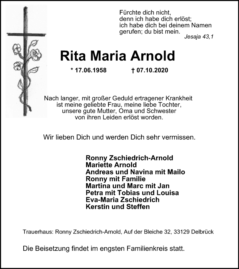  Traueranzeige für Rita Maria Arnold vom 17.10.2020 aus WVW Anzeigenblätter