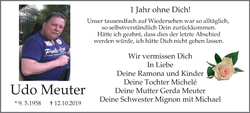  Traueranzeige für Udo Meuter vom 10.10.2020 aus WVW Anzeigenblätter