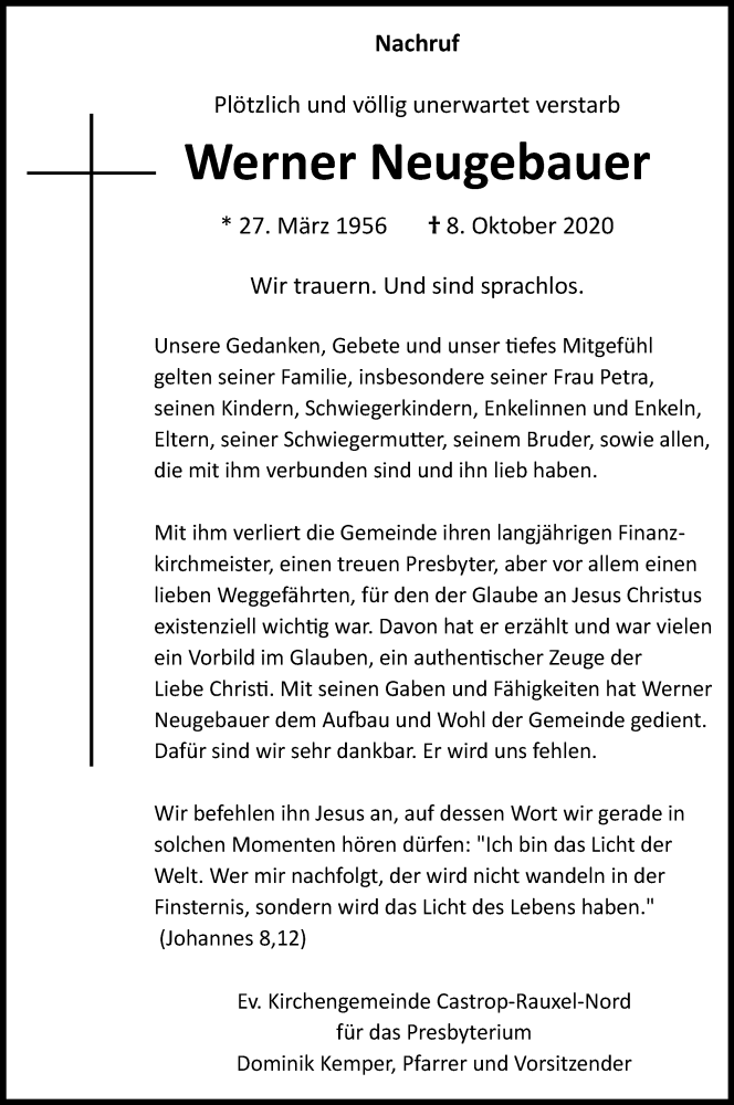  Traueranzeige für Werner Neugebauer vom 21.10.2020 aus WVW/ORA