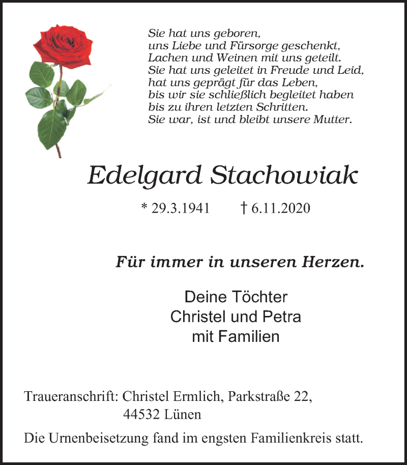  Traueranzeige für Edelgard Stachowiak vom 21.11.2020 aus WVW Anzeigenblätter