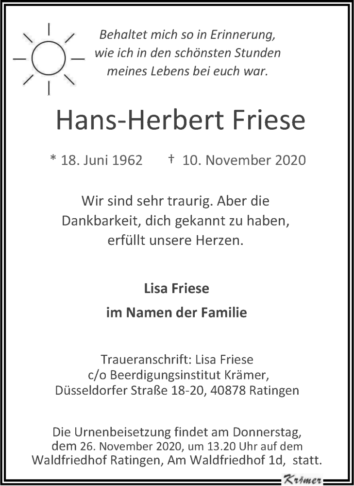  Traueranzeige für Hans-Herbert Friese vom 19.11.2020 aus WVW Anzeigenblätter
