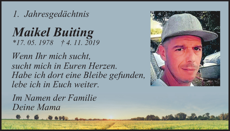  Traueranzeige für Maikel Buiting vom 07.11.2020 aus WVW Anzeigenblätter