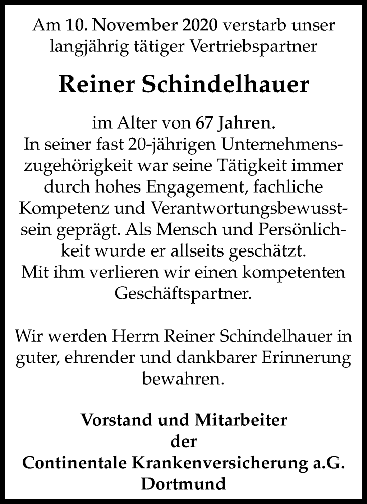 Traueranzeige für Reiner Schindelhauer vom 21.11.2020 aus WVW Anzeigenblätter