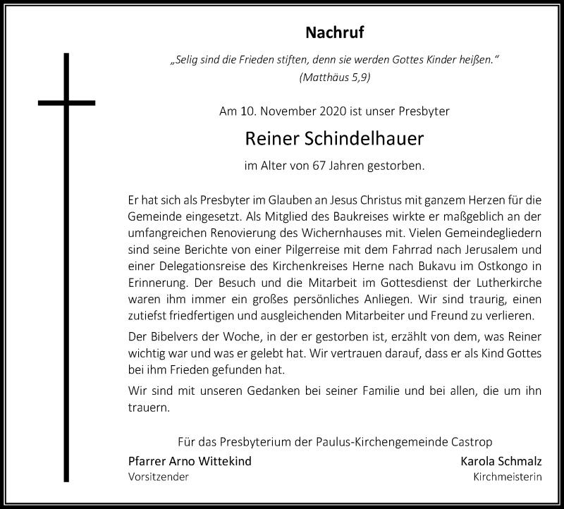  Traueranzeige für Reiner Schindelhauer vom 18.11.2020 aus WVW Anzeigenblätter