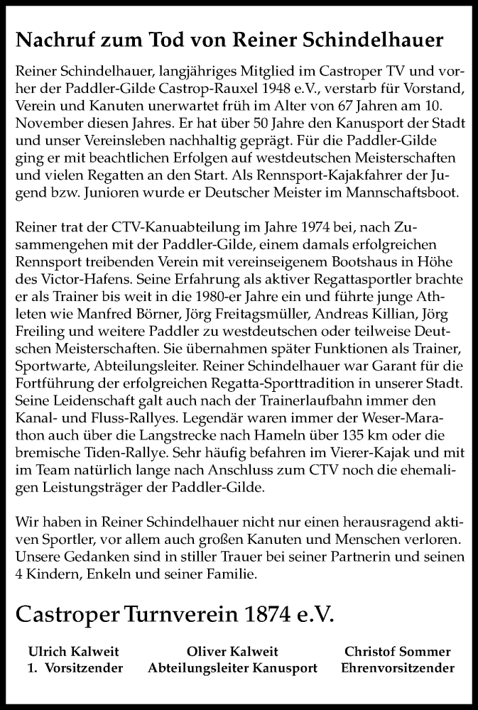  Traueranzeige für Reiner Schindelhauer vom 28.11.2020 aus WVW Anzeigenblätter