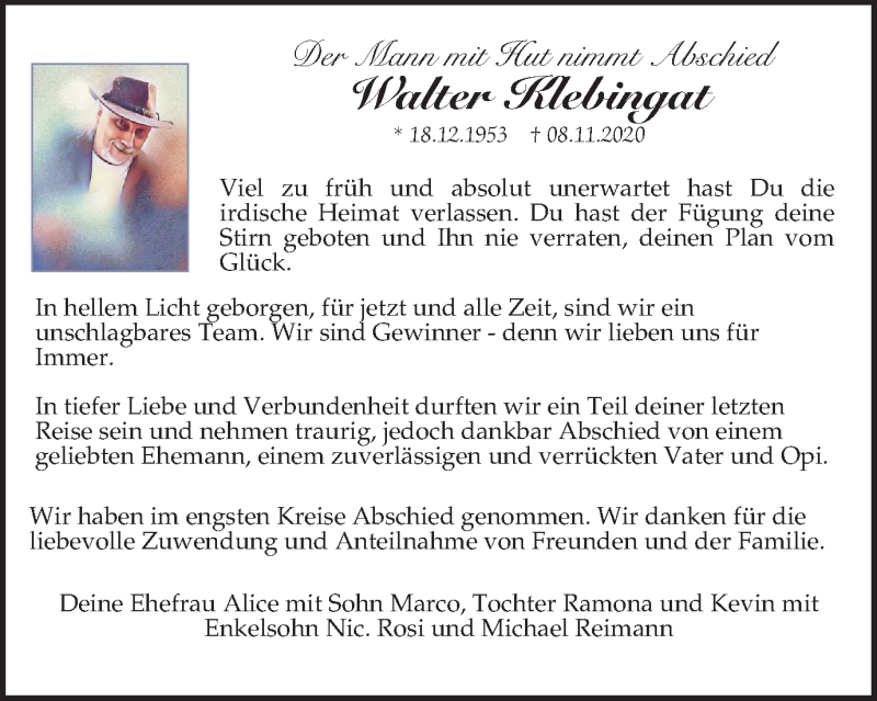  Traueranzeige für Walter Klebingat vom 21.11.2020 aus WVW Anzeigenblätter