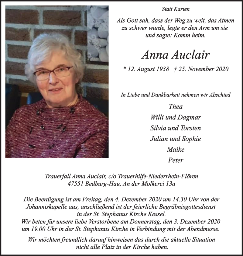  Traueranzeige für Anna Auclair vom 02.12.2020 aus WVW/ORA