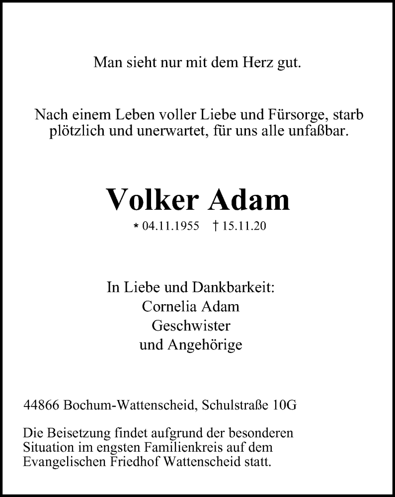  Traueranzeige für Volker Adam vom 05.12.2020 aus WVW Anzeigenblätter
