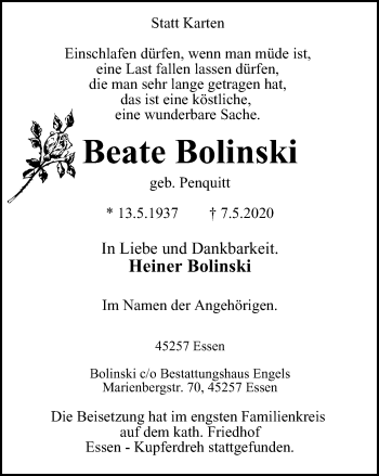 Traueranzeige von Beate Bolinski von WVW Anzeigenblätter