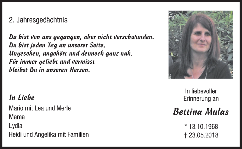 Traueranzeige für Bettina Mulas vom 27.05.2020 aus WVW Anzeigenblätter