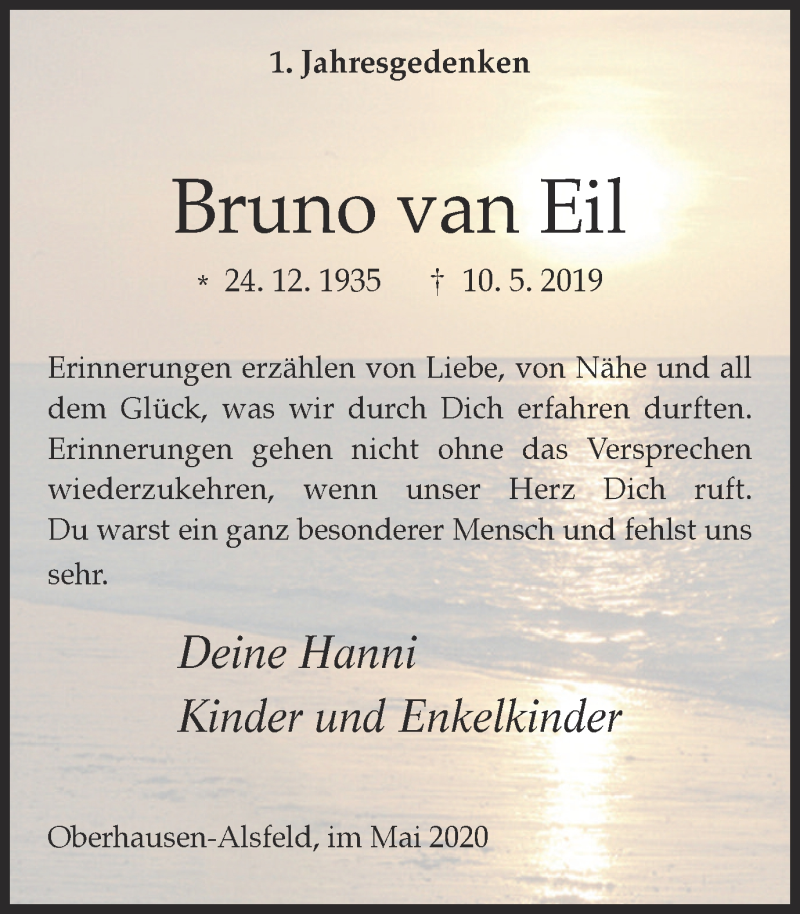  Traueranzeige für Bruno van Eil vom 09.05.2020 aus WVW Anzeigenblätter