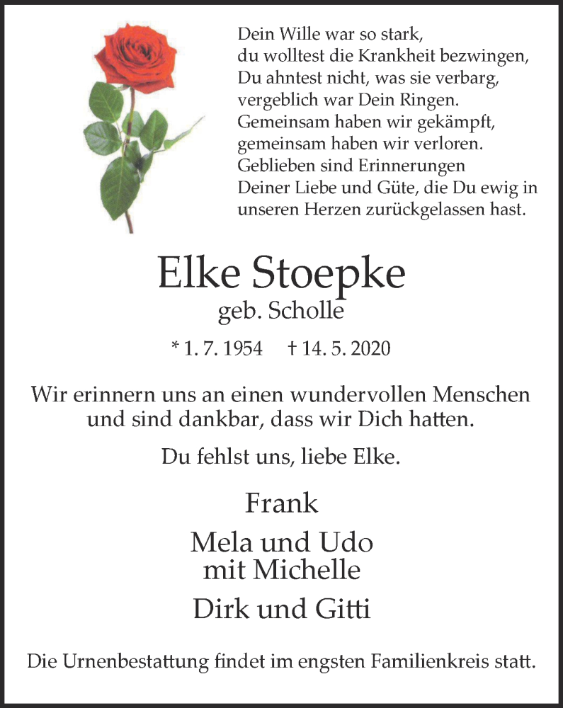  Traueranzeige für Elke Stoepke vom 23.05.2020 aus WVW Anzeigenblätter