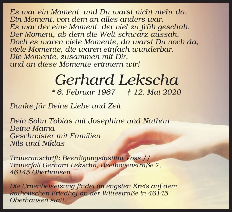  Traueranzeige für Gerhard Lekscha vom 20.05.2020 aus WVW Anzeigenblätter