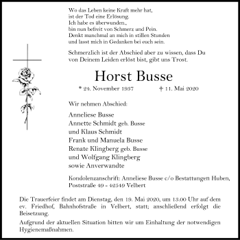 Traueranzeige von Horst Busse von WVW Anzeigenblätter