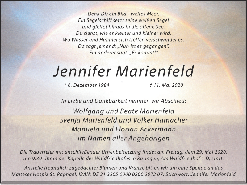  Traueranzeige für Jennifer Marienfeld vom 28.05.2020 aus WVW Anzeigenblätter