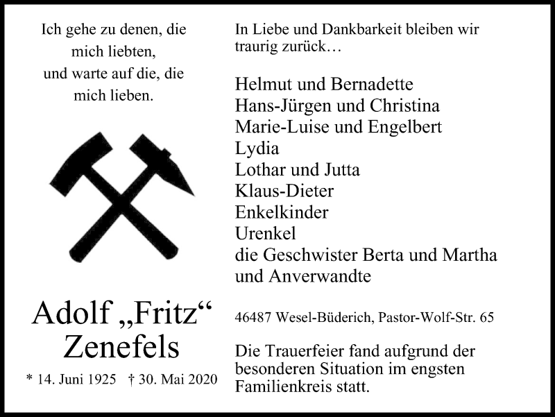  Traueranzeige für Adolf Zenefels vom 10.06.2020 aus WVW Anzeigenblätter