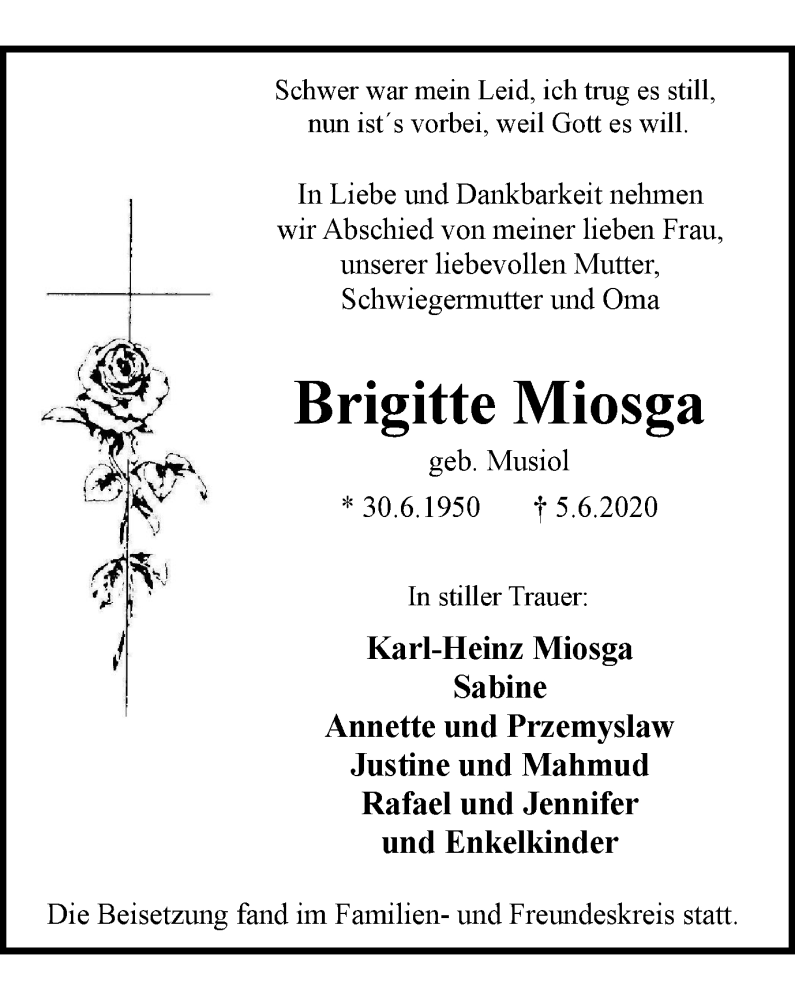  Traueranzeige für Brigitte Miosga vom 13.06.2020 aus WVW Anzeigenblätter