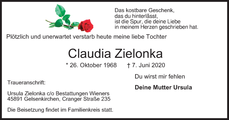 Traueranzeige für Claudia Zielonka vom 13.06.2020 aus WVW Anzeigenblätter