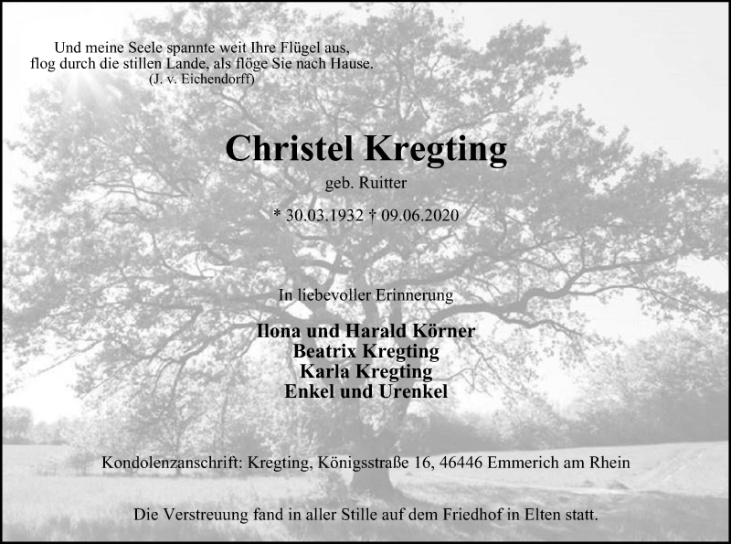  Traueranzeige für Christel Kregting vom 15.07.2020 aus WVW Anzeigenblätter