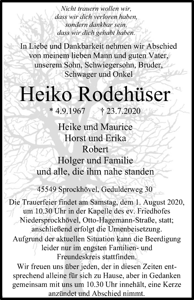  Traueranzeige für Heiko Rodehüser vom 29.07.2020 aus WVW Anzeigenblätter