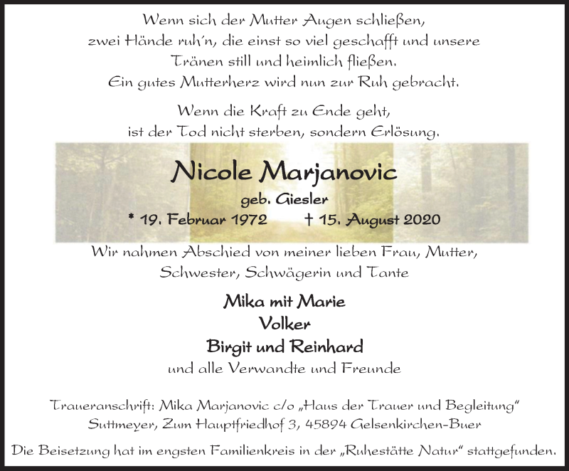  Traueranzeige für Nicole Marjanovic vom 05.09.2020 aus WVW Anzeigenblätter