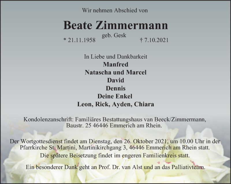  Traueranzeige für Beate Zimmermann vom 23.10.2021 aus WVW/ORA