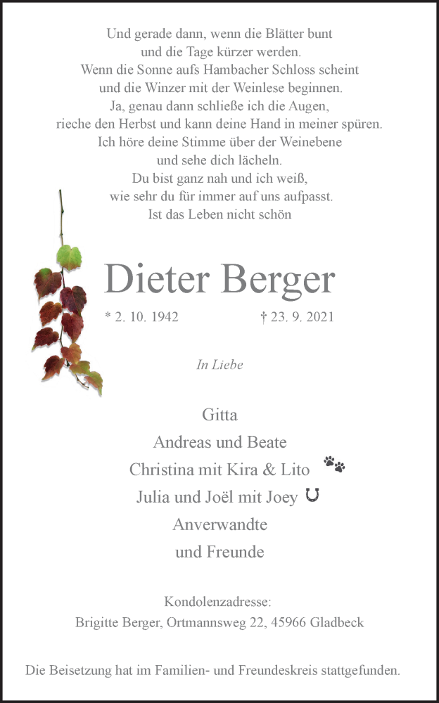  Traueranzeige für Dieter Berger vom 02.10.2021 aus WVW/ORA