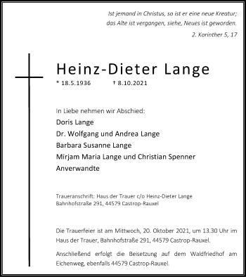 Traueranzeige von Heinz-Dieter Lange von WVW/ORA
