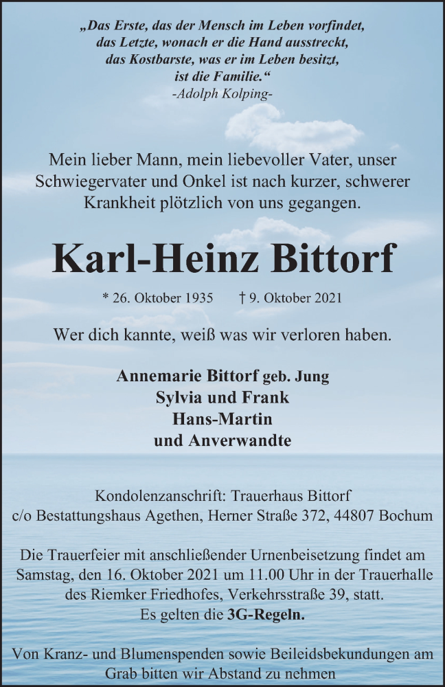  Traueranzeige für Karl-Heinz Bittorf vom 13.10.2021 aus WVW/ORA