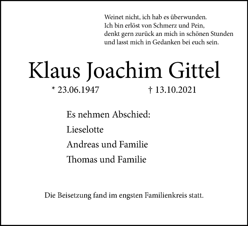  Traueranzeige für Klaus Joachim Gittel vom 30.10.2021 aus WVW Anzeigenblätter